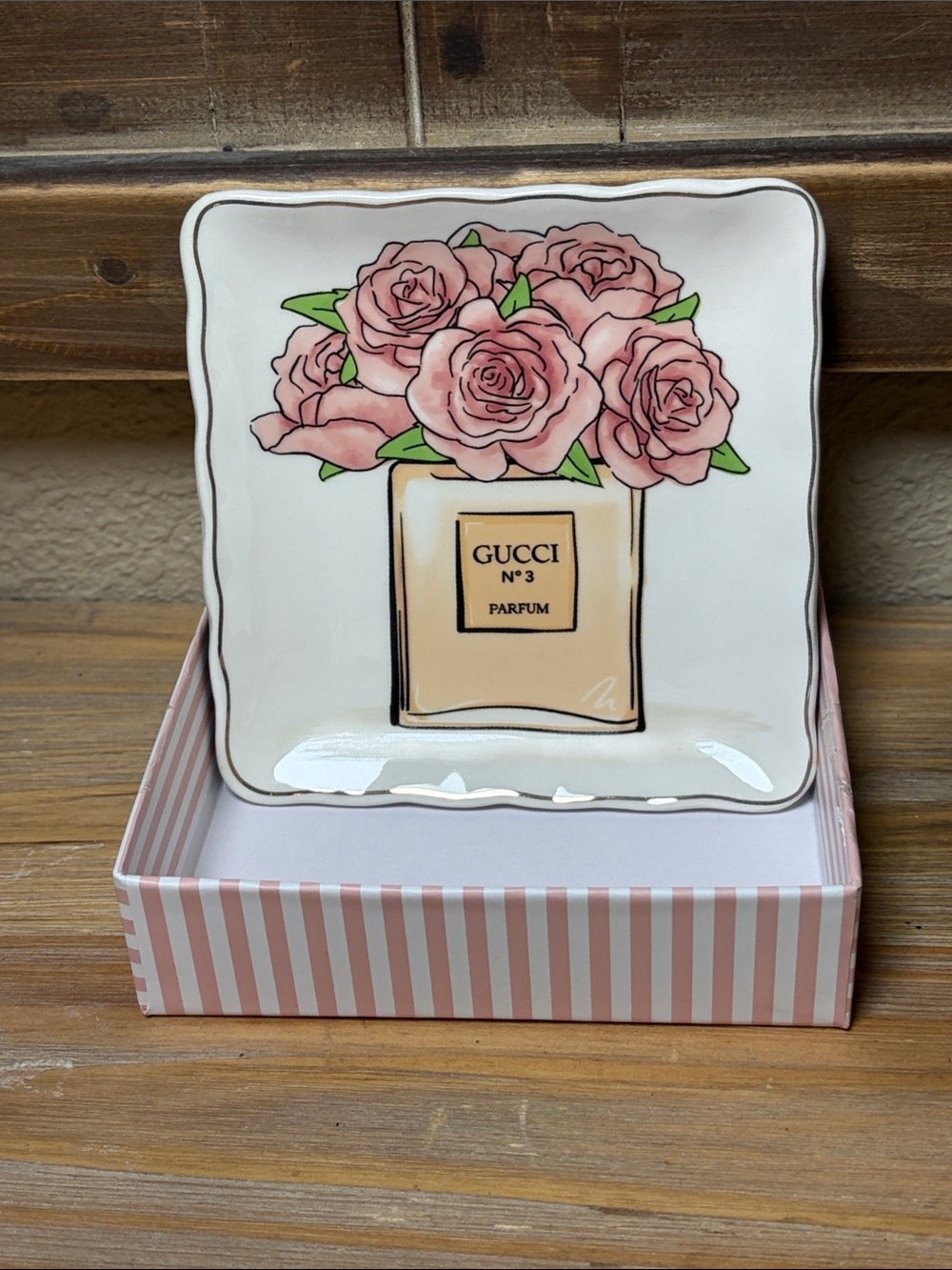 Gucci Ceramic Trinket Dish with Pink Roses and Gold Accent